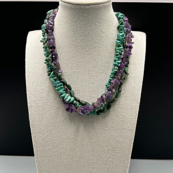 Vintage Navajo Old Pawn Turquoise Nugget Heshi Thunderbird  VTG. Southwestern Necklace Sterling Turquoise Nuggets Amethyst Chip Beads